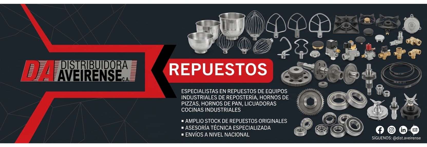 En Distribuidora Aveirense entendemos que cada minuto con un equipo detenido cuesta dinero. Por eso, ponemos a tu disposición el catálogo más amplio de repuestos originales para equipos industriales y comerciales: desde componentes mecánicos y eléctricos hasta piezas de desgaste para batidoras, hornos, cocinas y sistemas de refrigeración. Asegura el rendimiento óptimo y prolonga la vida útil de tu inversión con el respaldo de las mejores marcas del mercado.